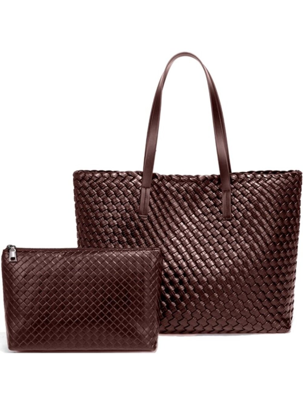 Stylish Large Capacity Woven Leather Tote Bag with Matching Pouch - Travel